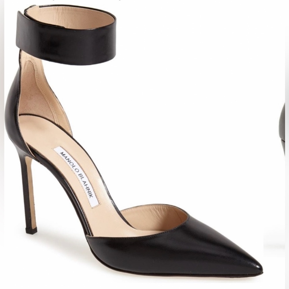 Manolo Blahnik d’Orsay Pump Black Leather Pointed Toe Ankle Strap Size 35 1/2 - Picture 2 of 16